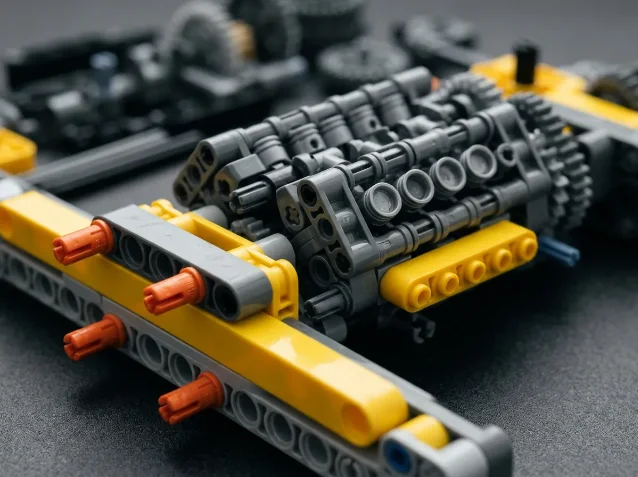 LEGO Technic yellow liftarm beams with orange friction pins and grey V10 engine block assembly laid out on a dark matte surface, macro detail shot