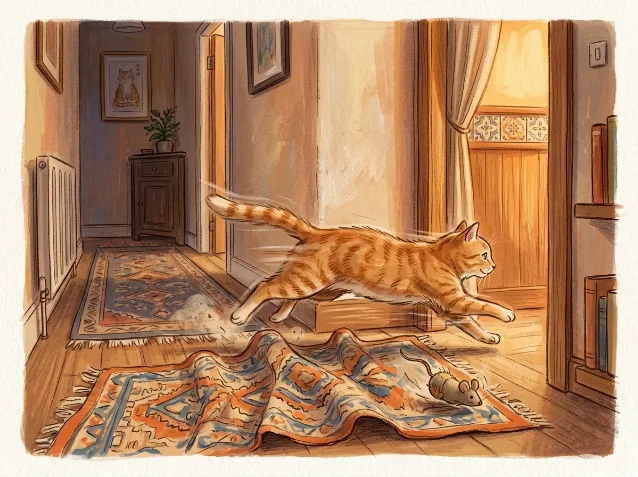 猫在傍晚走廊里冲刺