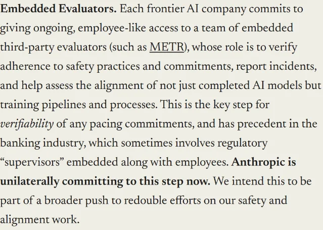 Amodei 文章里以 Embedded Evaluators 开头的一段,末尾一句是 Anthropic is unilaterally committing to this step now