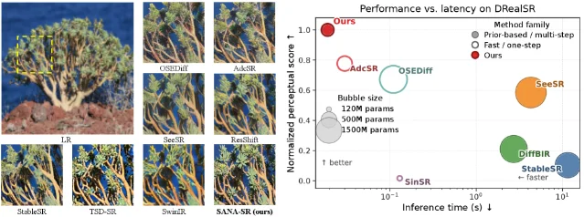 SANA-SR quality-efficiency trade-off: seven-baseline qualitative comparison and DRealSR scatter plot
