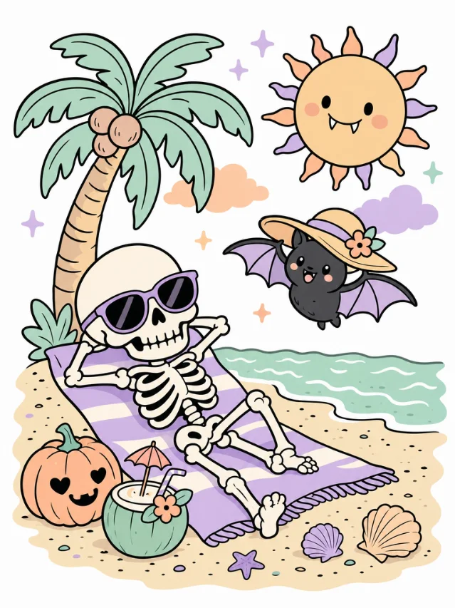 Summerween aesthetic tee concept — skeleton in sunglasses on beach towel, bat wearing sun hat, smiling sun with vampire fangs, pastel kawaii palette