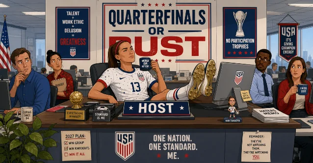 USA footballer at a large office desk labeled HOST, surrounded by motivational posters