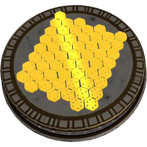 Side-lit angled view of Hexa Dominoes tile set, showing the individual hex tile edges and dot patterns with dark background contrast