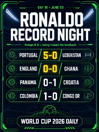 ⚽ Day 15: Ronaldo’s Six-World-Cup Record, Ghana’s Wall & Colombia Through