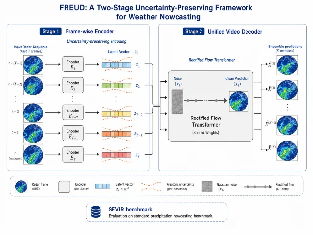 AI-generated diagram illustrating FREUD's two-stage architecture: frame-wise encoder processing individual radar frames with uncertainty-preserving latent representations, feeding a unified rectified flow transformer decoder that generates ensemble precipitation forecasts