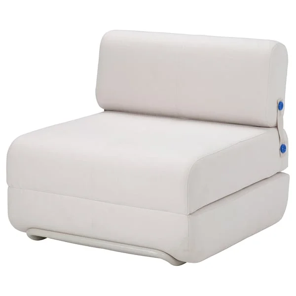 IKEA PS 2026 Skiftebo chair-bed in light grey-beige, chair form with blue button accents