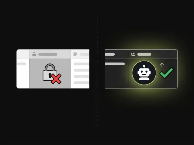 Left panel: a database row with a padlock and red X indicating a read-only system field. Right panel: the same row with a glowing bot avatar in a People property cell and a green checkmark, indicating writable and automation-triggerable.