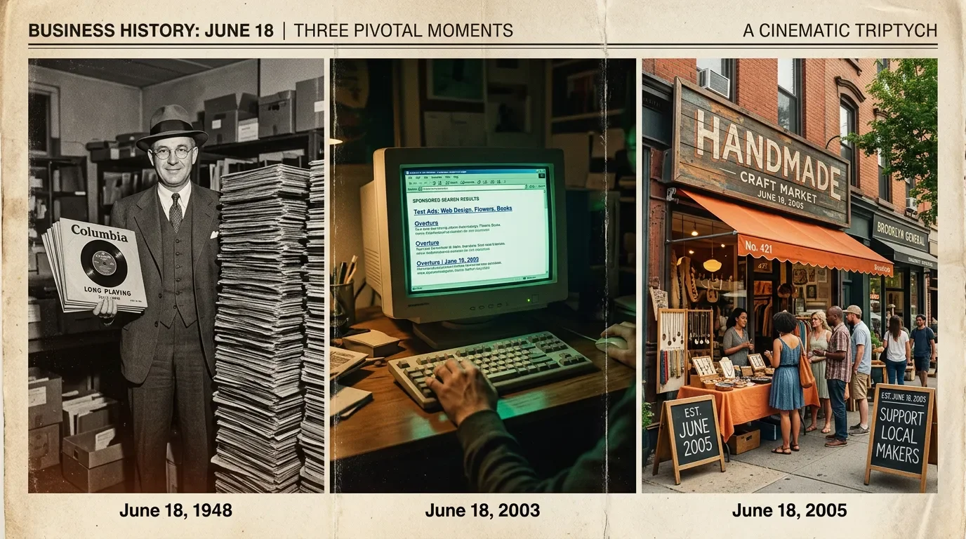 June 18 in business history: the LP record Columbia gave away, the ad split that built Google, and the marketplace eBay couldn't build