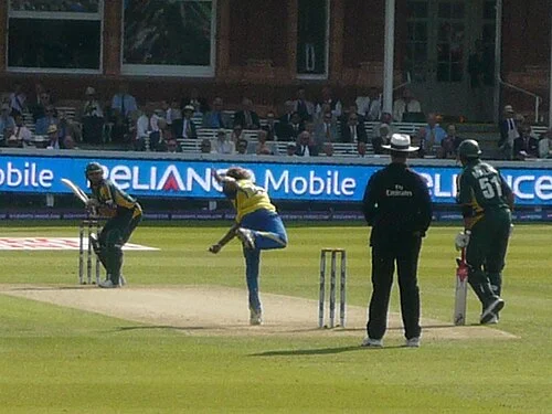 Lasith Malinga of Sri Lanka bowling to Shahid Afridi of Pakistan during the 2009 ICC World Twenty20 final at Lord's, London