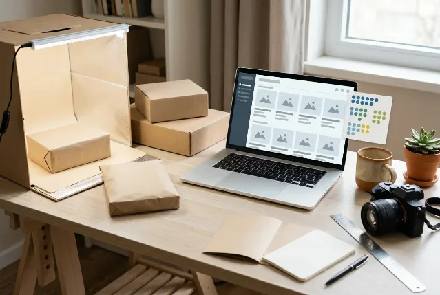 E-commerce listing optimization workspace with product-photo setup, packages, and abstract marketplace cards