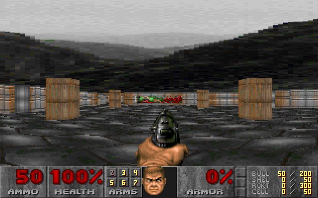 Screenshot of BFDoom running in a small desktop window, showing the classic Doom starting corridor with the status bar at the bottom