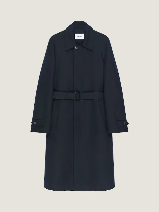Givenchy car coat in cotton, navy, belted, flat product lay