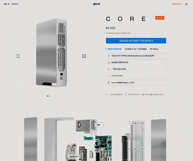 Ghost Core 产品页首屏:产品图、价格、规格与按钮