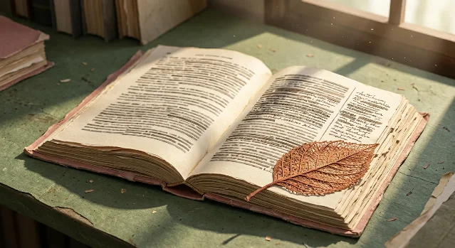 An open textbook with a dry terracotta leaf resting across the page, afternoon light
