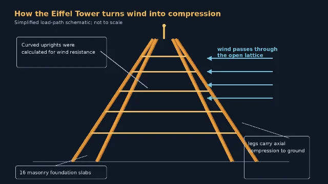 Simplified schematic of the Eiffel Tower's wind-to-foundation load path